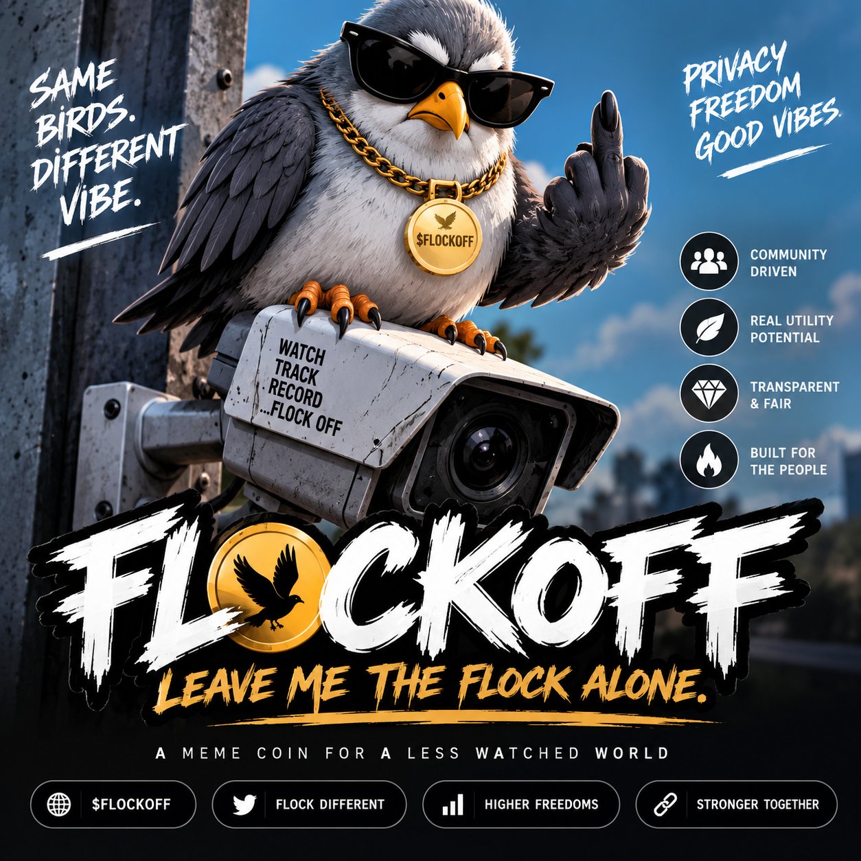 FlockOff cartoon bird mascot perched on a surveillance camera